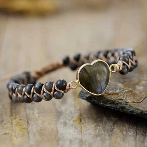 Women Boho Wrap Bracelet,Handmade Natural Stone Crystal Emperor Beads Heart Bracelet, Fashion Bohemian Jewelry Gift for Women - color: Gray