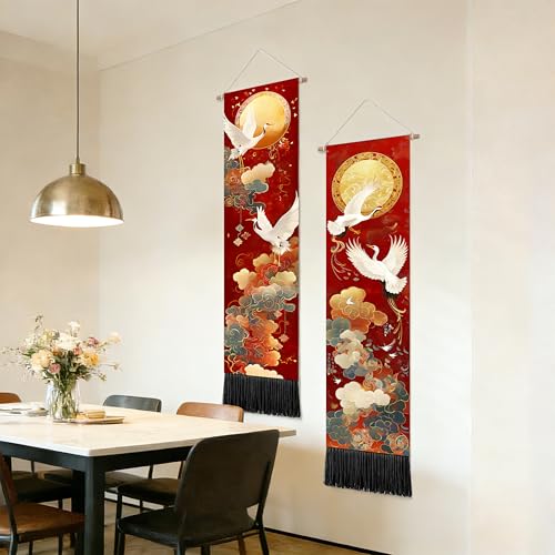 seewan 2 Pack Long Vertical Wall Tapestry, Boho Nature Landscape & Floral Aesthetic Wall Hanging for Bedroom Living Room Home Decor, Long Narrow Art Tapestry with Sunrise Mountain Botanical Designs, 13" × 51" (Orient Golden Festive, 13"Wx51"H, Unframed) -