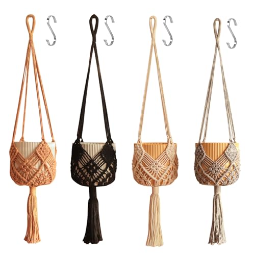Hanging Planter with Patterns,4Packs Macrame Plant Hangers Indoor Macrame for up to 8 inch Pot Crochet Boho Plant Hanger Holder for Indoor Outdoor with 4S Shaped Stainless Steel Hooks (4colors) - color: 4colors