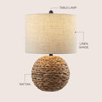 JONATHAN Y 21.5" Brown Modern Coastal Woven Rattan Globe LED Table Lamp for Bedroom, Oatmeal Linen Drum Shade, LED Bulb Included, Rustic Bedside Lamp for Living Room JYL6514A - color: Brown