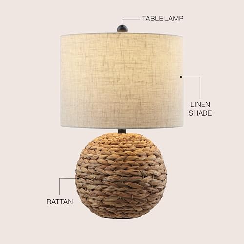 JONATHAN Y 21.5" Brown Modern Coastal Woven Rattan Globe LED Table Lamp for Bedroom, Oatmeal Linen Drum Shade, LED Bulb Included, Rustic Bedside Lamp for Living Room JYL6514A - color: Brown