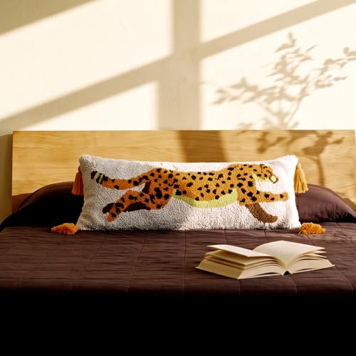 Beeveer 1 Pcs Leopard Hooked Wool Pillow 8 x 22 Inch Cheetah Lumbar Throw Decorative Animal Needlepoint Pillow with Zipper Embroidery Tufting Silver Thread for Home Couch Sofa Bedroom Living Room - color: Leopard, size: 8 x 22 Inch