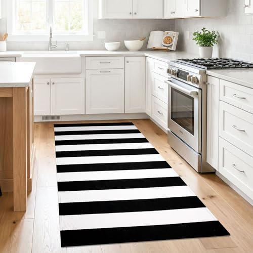 KILOCOCO Black White Striped Rug - 3'X5' Front Door Mat Outdoor, Welcome Mats Rugs Cotton Washable Front Porch Rug Layered Doormats for Kitchen Farmhouse Entryway - color: Black and White Stripe, size: 3' x 5' (Rectangular)
