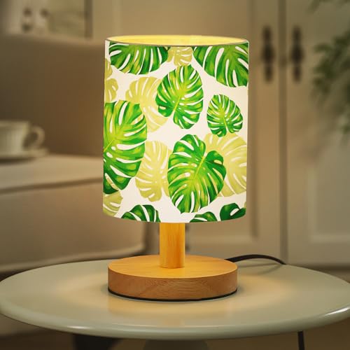 VIHOSE Jungle Animal Table Lamp Bedside Table Lamp Monstera Palm Leaves Vintage Nightstand Light with Linen Fabric Shade Solid Wood Base Decoration for Living Room Bedroom Desk Dorm - style: Palm Leaves