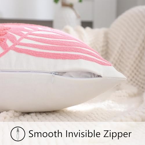 Embroidered Throw Pillow Covers 18x18 Pack of 2 Pink Botanical Tropical Leaf Pillow Covers Beach Ocean-Themed Decorative Cushions Case Farmhouse Boho Plant Tufted Pillowcases for Summer - color: Pink Tropical Leaf, size: 18" x 18" (Pack of 2)
