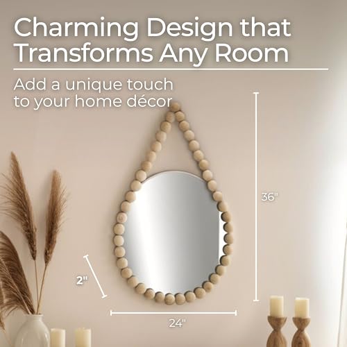 White Decorative Mirror with Beaded Wood Frame – MDF & Glass Home Decor Mirrors for Wall Accent & Styling – Modern Boho Hanging Mirror Wall Decor for Home & Office – 24"x36"