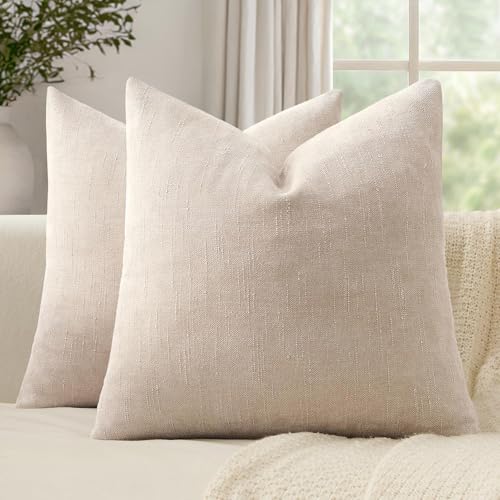 Set of 2 Textured Throw Pillow Covers Decorative Soft Accent Square Chenille Pillowcases Neutral Farmhouse Cushions Modern Home Decor for Couch Sofa Bedroom Living Room 18x18 Inch, Beige - color: Beige, size: 18" x 18" (Pack of 2)