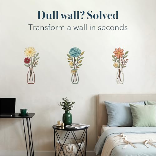 3 Piece Metal Flower Wall Art for Bedroom Living Room Rustic Farmhouse Floral Wall Decor for Bathroom Dining Room Boho Home Decorations Modern Minimalism Walls Hanging Sculptures(Yellow Blue) - color: Yellow Blue & Vase Flower