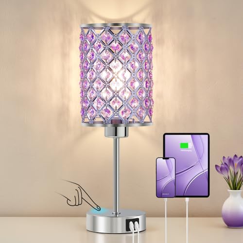 GyroVu Purple Crystal Table Lamp with USB C+A Ports, Dimmable Touch Control Bedside Lamp with LED Bulb, Small Night Light for Bedroom, Living Room, Girls Room, Office - color: Purple-1, size: 14.75"