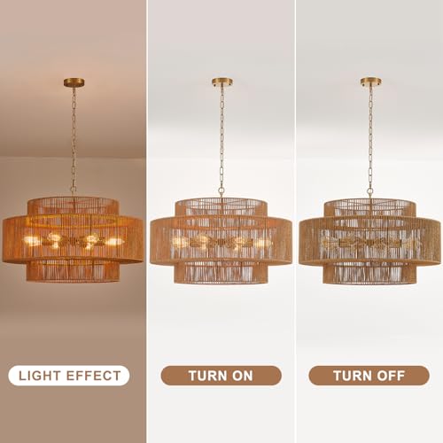 30” Large Hand-Woven Rattan Chandelier Vintage 8-Light Farmhouse Boho Bamboo Chandelier Light Fixture Retro 3-Tier Drum Wicker Rattan Golden Chandeliers for Dining Room, Kitchen, Living Room - color: Gold 30"
