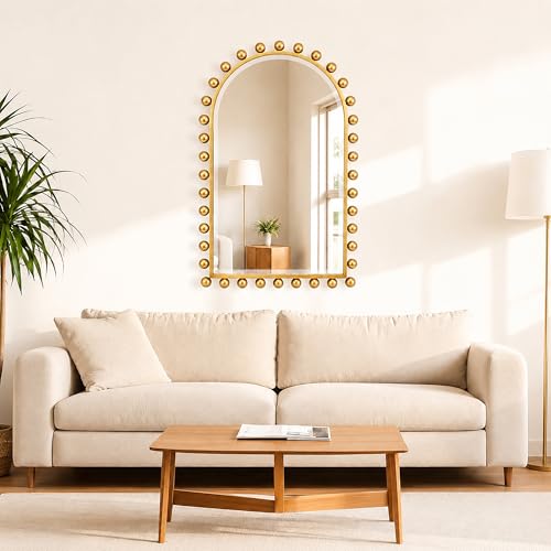 24x36 Inch Arched Wall Mirror with Antique Gold Ball Frame, Beveled Arched Decorative Wall Mirror, Vintage Gold Accent Mirror for Living Room, Entryway, Bedroom, Hallway & Over Console Decor - size: Arch 24x36"