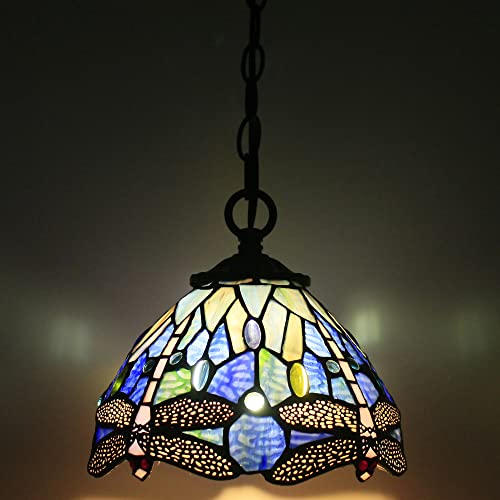 Small Tiffany Pendant Light 8 inch Tiffany Style Stained Glass Pendant Hanging Lamp Small Vintage Hanging Light Fixtures for Home Living Room Restaurant Hallway (Blue Dragonfly Style) - color: Blue Dragonfly Style