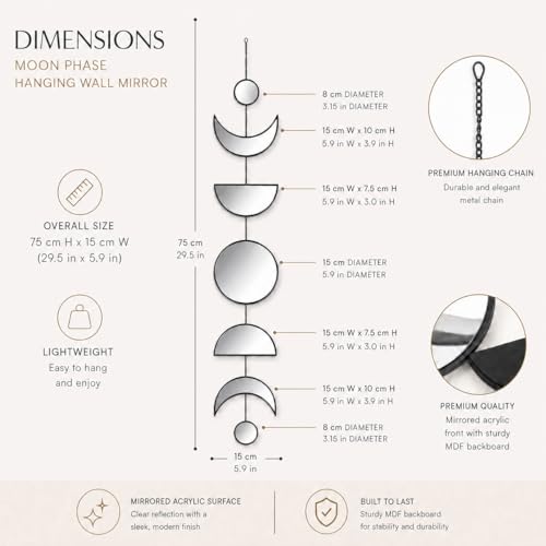 7 Pcs Moon Phase Wall Decor, Acrylic Mirror with Wooden Backboard, Boho Hanging Moon Cycle Wall Art for Bedroom Living Room Home Decor - color: Black（style 2）