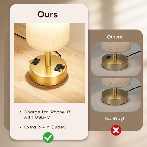 MOICO Bedside Table Lamp for Bedroom, 3-Way Dimmable Nightstand Lamp with USB C, USB A Ports & AC Outlet, Small Table Lamp Fabric Shade for Living Room Dorm Office, LED Bulb Included (14in Gold) - color: Gold