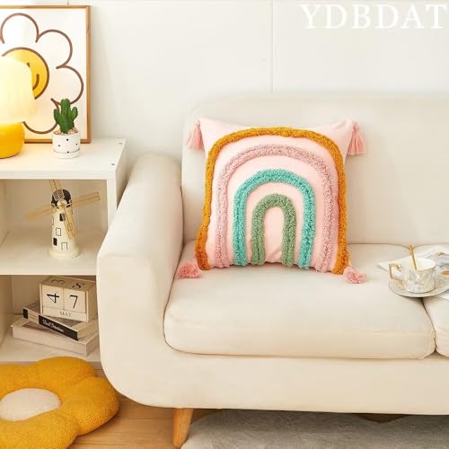 Boho Decorative Rainbow Colorful Throw Pillow Covers 18x18 Farmhouse Tufted Textured Pillow Covers with Tassels Woven Cushion Case for Sofa Bed Living Room Hallowmas Pink x1 - color: Pink, size: 18" x 18" (Pack of 1)
