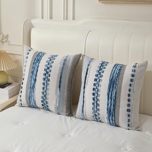 Boho Pillow Covers 18x18 Set of 2 for Couch-Modern Farmhouse Sofa Decorative Blue Throw Pillow Covers Textured Chenille Cushion Covers Outdoor Netural Bohemian Pillow Cases Square - color: Blue Stripe