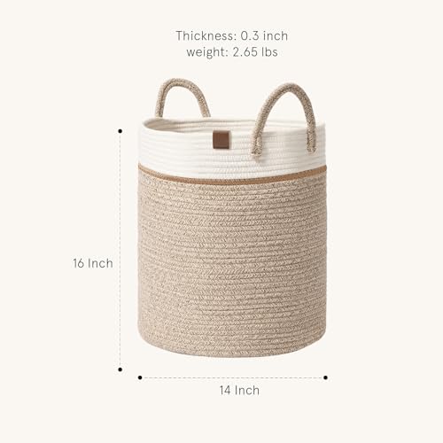 LA JOLIE MUSE Woven Basket Rope Storage Baskets - Tall Cotton Basket 16 x 14 x 14 Inches, Laundry Basket for Blanket, Kids Toy, Nursery Clothes Hamper Basket White & Desert - color: White & Desert, size: M