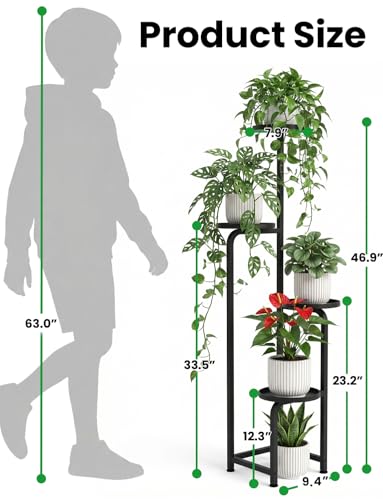 TOSKING 4 Tier Corner Plant Stand Indoor Outdoor, Heavy Duty Metal Flower Pot Holder Shelf for Multiple Plants, Space Saving ,Tall Metal Plant Stand with Drainage Holes for Outdoor Use,Tiered Display for Patio, Garden, Balcony, Living Room Decor (Black,47