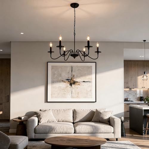 Black Chandelier, 6-Light Farmhouse Candle Chandelier 29'', Rustic Industrial Hanging Light Fixture for Dining Room, Kitchen Island, Living Room, Entryway, Bedroom, Foyer - color: Matte Black