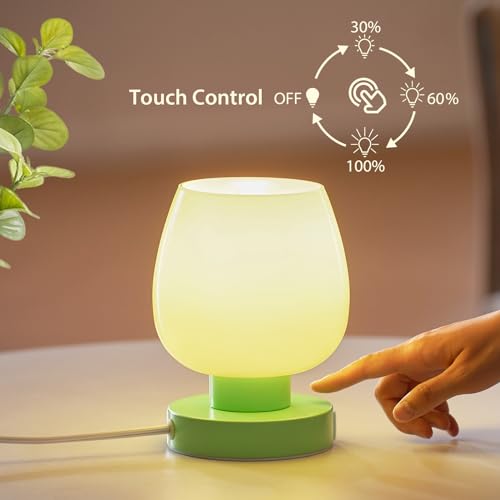 Touch Bedside Table Lamp with USB Charging - Modern Green Small Lamp for Bedroom Living Room Nightstand, Desk lamp with Glass Lamp Shade, Warm LED Bulb Included, 3 Way Dimmable, Simple Design - color: USB-green_1pack, size: USB