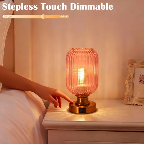 Mid Century Glass Table Lamp,Dimmable Desk Lamp,LED Bulb Included,Touch Control & USB A+C Port,Pink Ribbed Glass - color: Pink Ribbed, size: USB + Touch