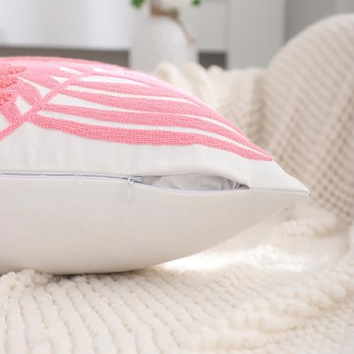 Embroidered Throw Pillow Covers 12x20 Pack of 2 Pink Botanical Tropical Leaf Pillow Covers Beach Ocean-Themed Decorative Cushions Case Farmhouse Boho Plant Tufted Pillowcases for Summer - color: Pink Tropical Leaf, size: 20" x 12" (Pack of 2)