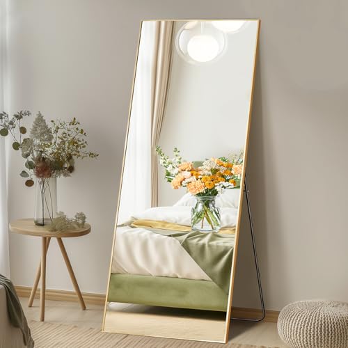 DUMOS 19"x58" Full Length Mirror with Stand, Floor Standing Aluminum Frame, Shatter-Proof Nano Glass for Bedroom, Living Room, Cloakroom – Modern Simple Home Decor,Can Be Hanging or Leaning, Gold - color: Gold-rect Edge, size: 58"L x 19"W