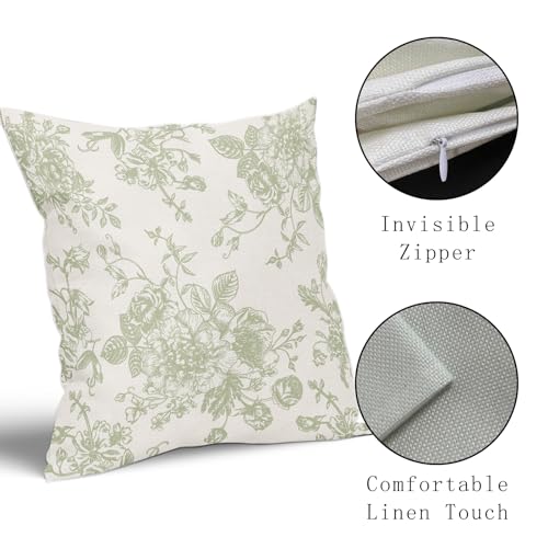 Vintage Floral Pillow Covers 18x18 Inch Set of 2 Sage Green and Cream Floral Throw Pillow Covers Chinoiserie Flower Pillowcases Rustic Farmhouse Cotton Linen Cushion Covers for Couch Bed Sofa Decor - color: Sage Green, size: 18" x 18" (Pack of 2)