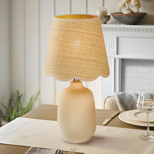 Pia Ricco 19" Modern Ceramic Table Lamp for Living Room Cream Base Desk Lamps for Bedroom Farmhouse Bedside Nightstand Lamp End Table Lamps,Beige,Rattan Shade - color: Grey Cream Base