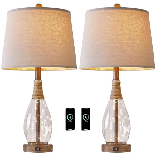 OYEARS Bedside Table Lamps Set of 2 with USB, Modern Bedside Lamps Retro Farmhouse Rattan Glass Nightstand Nightlight Lamps for Bedroom Living Room Dorm,Two Light Points - color: Wood-Like