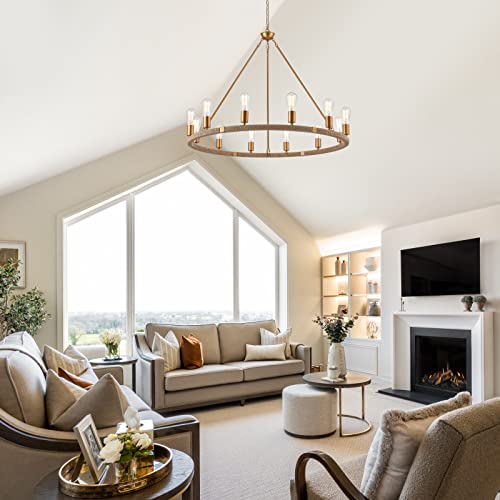 12-Lights Wagon Wheel Chandelier Bohemia Hand Woven Rattan Chandelier Farmhouse Large Pendant Light for High Ceilings Living Room Dining Room, Brass, Dia 42 Inch, UL Listed - color: Brass