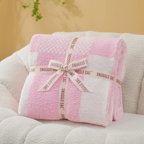 Snuggle Sac Checkered Blanket, Baby Pink Throw Blanket for Couch Plaid Microfiber Fluffy Warm Cozy Fuzzy Soft Throw Blanket Reversible Checkered Blankets for Sofa, Bed, 60x80 inches - color: Baby Pink, size: Twin(60"x80")