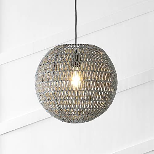 JONATHAN Y 16" Grey/Black Modern Bohemian Woven LED Pendant Light, Adjustable Hanging Ceiling Lamp for Kitchen Island Dining Room, Paper Wicker Shade, Bulb Included (JYL6503D) - color: Gray