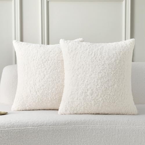 FUTEI Cream White Throw Pillow Covers 18x18 Inch Set of 2,Furry Faux Fur Teddy Boucle Textured Cushion Covers,Soft Fluffy Decorative Pillow Case,Home Decor for Couch Bed Living Room Office Car - color: Cream White, size: 18" x 18" (Pack of 2)