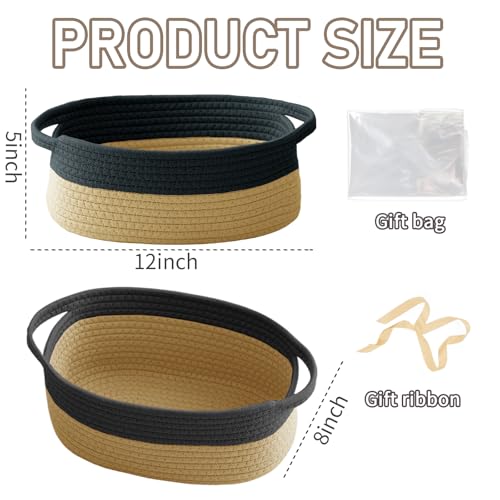 JMvicyroam Woven Basket,Small Rope Storage Bin with Handles & Ribbon Bag, Organizer for Shelves Closets,Gift Basket Empty for Birthday,Books,Dog Toys, Black&Jute - color: Black&Jute, size: 1 Pack
