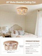 20" Boho Ceiling Fan with Light, Coastal Flush Mount Fandelier Ceiling Fans with Lights and Remote Control,Enclosed Beaded Caged with 6 Speeds for Bedroom Nursery Living Room