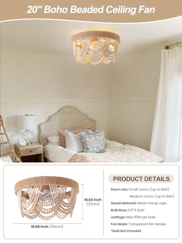 20" Boho Ceiling Fan with Light, Coastal Flush Mount Fandelier Ceiling Fans with Lights and Remote Control,Enclosed Beaded Caged with 6 Speeds for Bedroom Nursery Living Room