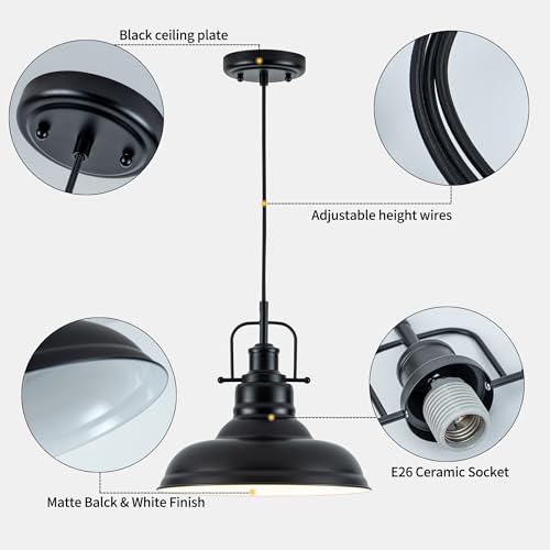 Zlepmlla Famrhouse Pendant Light, Black Pendant Light Fixture with Metal Dome Shade, Adjustable Height Hanging Light for Kitchen Island, Living Room, Bedroom - color: Metal Black