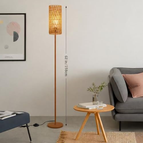 Ruiever Floor Lamp for Living Room,Farmhouse Floor lamp,Modern Standing lamp with Hand-Worked Rattan Shade (Brown Body with 3 Color Bulb) - style: Brown Body with 3 Color Bulb