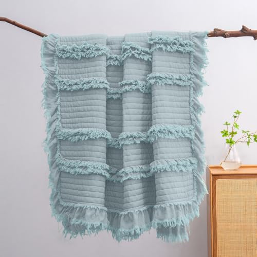Ultra Soft Pre-Washed Warm Quilted Throw Blanket, Ruffle Fringed Blue Green Boho Decorative Throw, Stone Washed Chic Rustic Blanket for Sofa Couch Bed Chair, 50"x 60" - color: Blue Green, size: 50"x60"