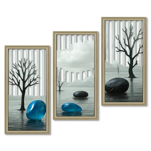 Putuo Decor Botanical Abstract Wall Art Set of 3, Mid Century Framed Wooden Wall Decor, Minimalist Geometric Contemporary Artwork for Bedroom Living Room Bathroom, 16.5 x 8.6 Inch - color: Muted Black & Teal Abstract
