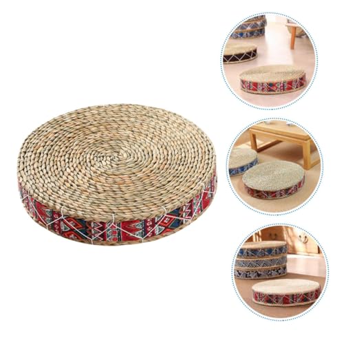SUPVOX Woven Floor Pillow Meditation Cushion Handmade Indoor Seating Mat 30cm Diameter Bohemian Red Natural Grass Floor Cushion for Mindfulness Practice and Home Decor