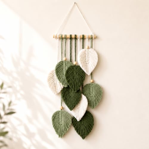 Artilady Green Macrame Leaf Wall Hanging Tapestry Boho Wall Decor | Handmade Soft Cotton Fringe, Natural Wooden Beads, Mordern Chic Decor for Bedroom Living Room Nursery - color: Small Green