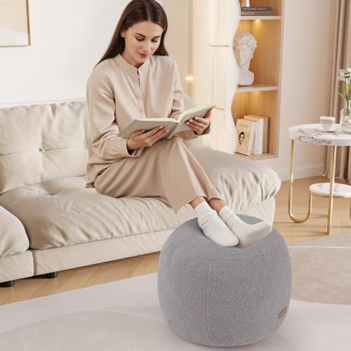 MeMoreCool Stuffed Round Pouf Ottoman Foot Rest, Floor Pouf Foot Stool with Soft Foam Chunk Filling, Small Round Ottoman Footstool Circle Footrest for Living Room, Light Grey - color: Teddy Grey