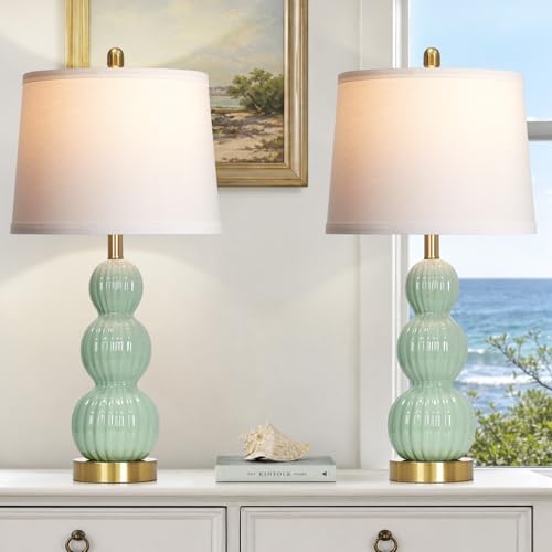 28" Sage Green Table Lamps Set of 2 for Living Room, Modern Ceramic Bedside Lamps for Bedroom, Ribbed Gourd Table Lamps for Nightstand (2 LED Bulbs Included) - color: Sage Green - 28"H