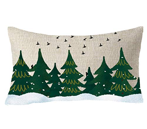 Happy Winter Snowflakes Forest Tree Birds Merry Christmas (The Blue at The Bottom is a Pattern Design, not Dyed) Cotton Linen Decorative Throw Pillow Cover Cushion Case Lumbar 12x20 inches - color: Tree