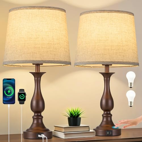 Bedside Table Lamp Touch Control Bedroom Lamps with USB A + C Charging Port 3 Way Dimmable Touch Lamps for Nightstand Living Room Bedroom Dorm Home Office Reading, Set of 2 (Beige Shade & Brown Base) - color: Beige Shade & Brown Base