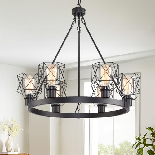 Wagon Wheel Chandelier Modern Farmhouse Pendant Light,Black Farmhouse Chandelier, 6-Light Wagon Wheel Chandelier with Adjustable Height, Dining Room Light Fixture, Hanging Lights - color: C