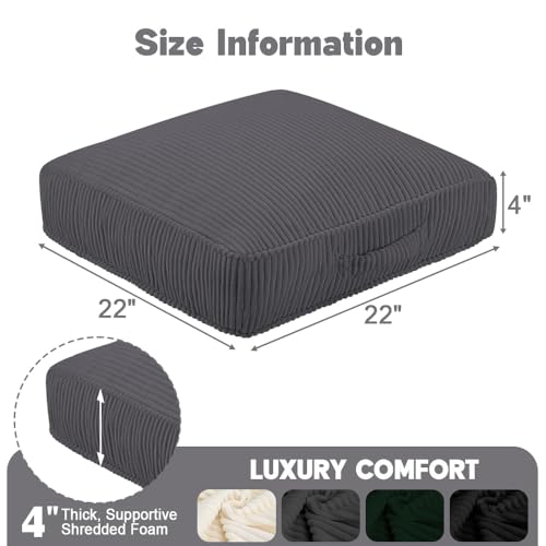 Floor Pillow for Adults Set of 2, 4" Square Floor Cushions with Washable Cover, Large Corduroy Meditation Pillow, 22 inches Tatami Seat with Handle for Living Room or Yoga, Dark Grey - color: Dark Grey, size: 22x22x4.2 inch