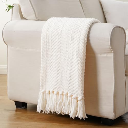 BATTILO HOME Cream Throw Blanket for Couch, Textured Knitted Throw Blanket with Tassels, Couch Cover Blanket Warm Decorative White Throw Blankets for Sofa Living Room, 60" x 80" - color: Cream, size: 60"x80"
